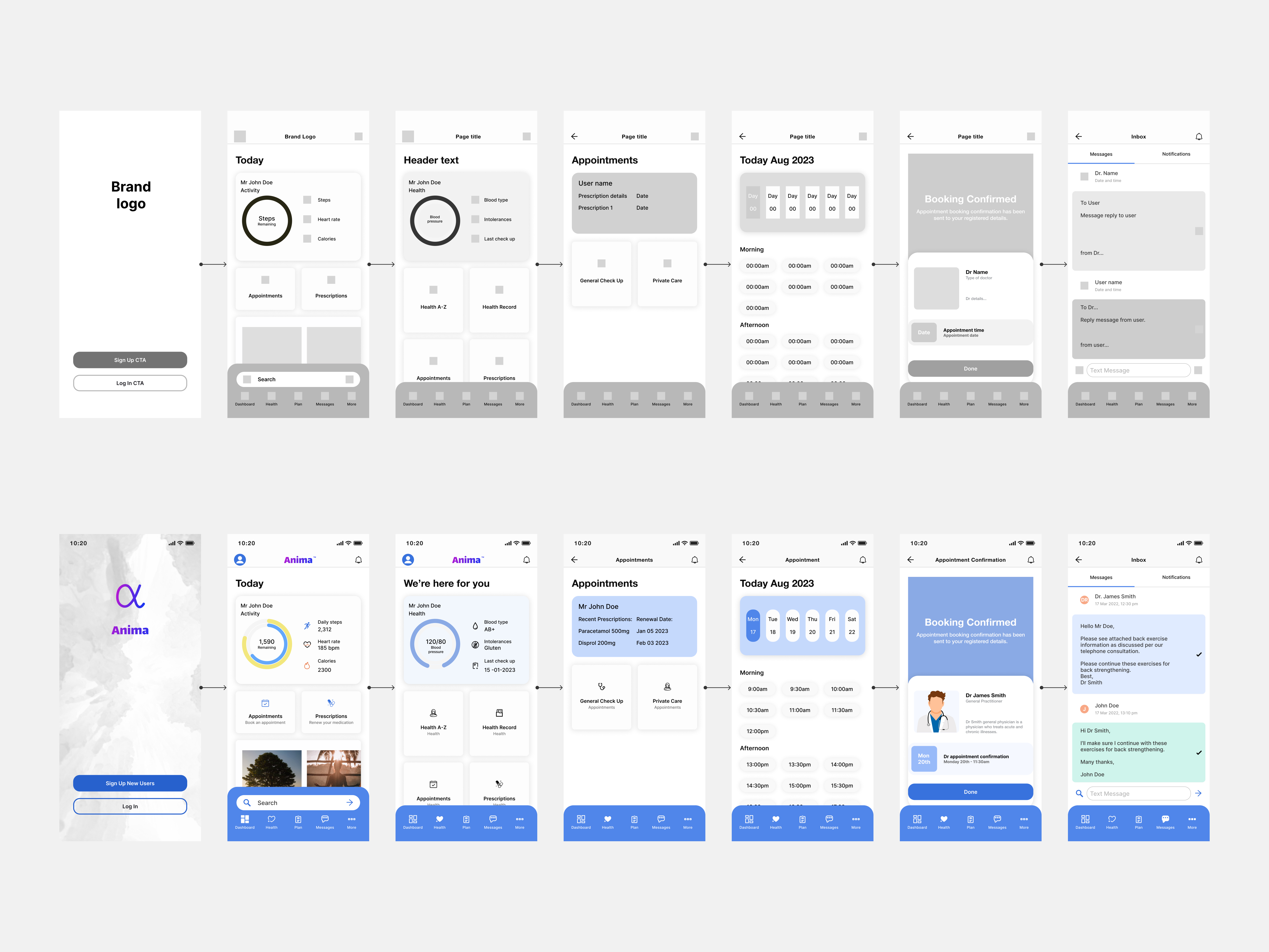 high-fidelity wireframes and screen states for health app.