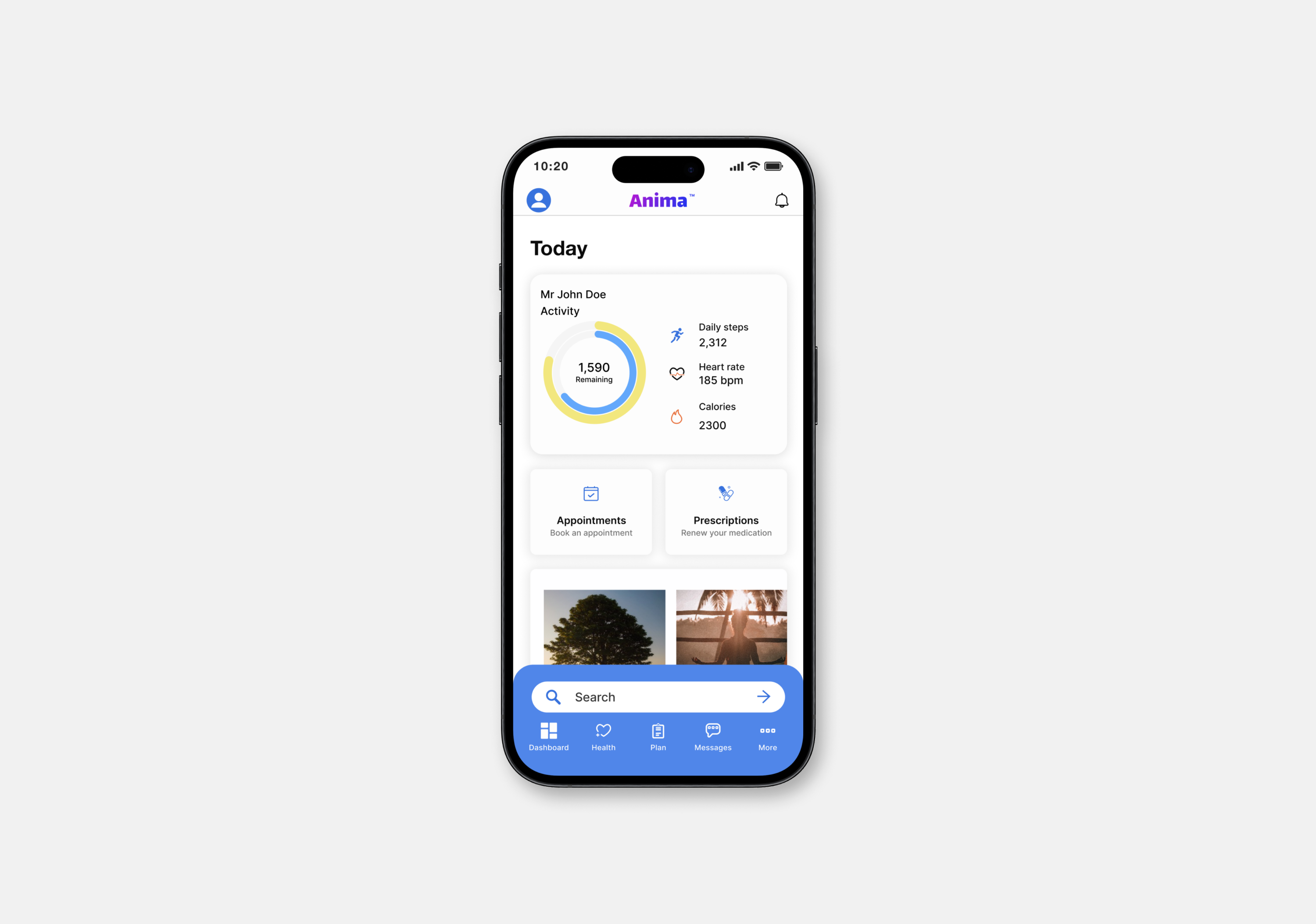 Home Dashboard health application high-fidelity mockup.
